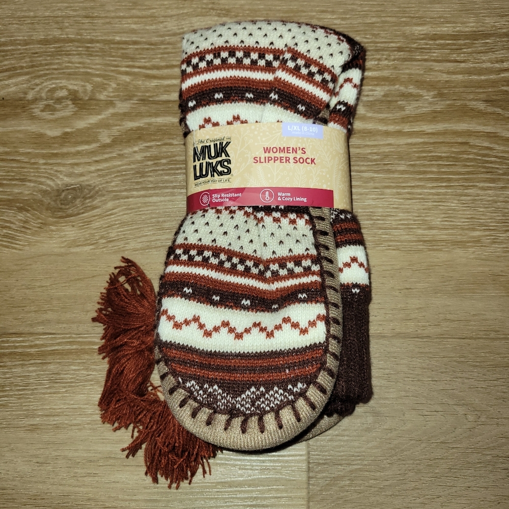 Muk Luks Women's Slipper Sock Multicolor Geometric Red L/XL 8-10 New Tassels